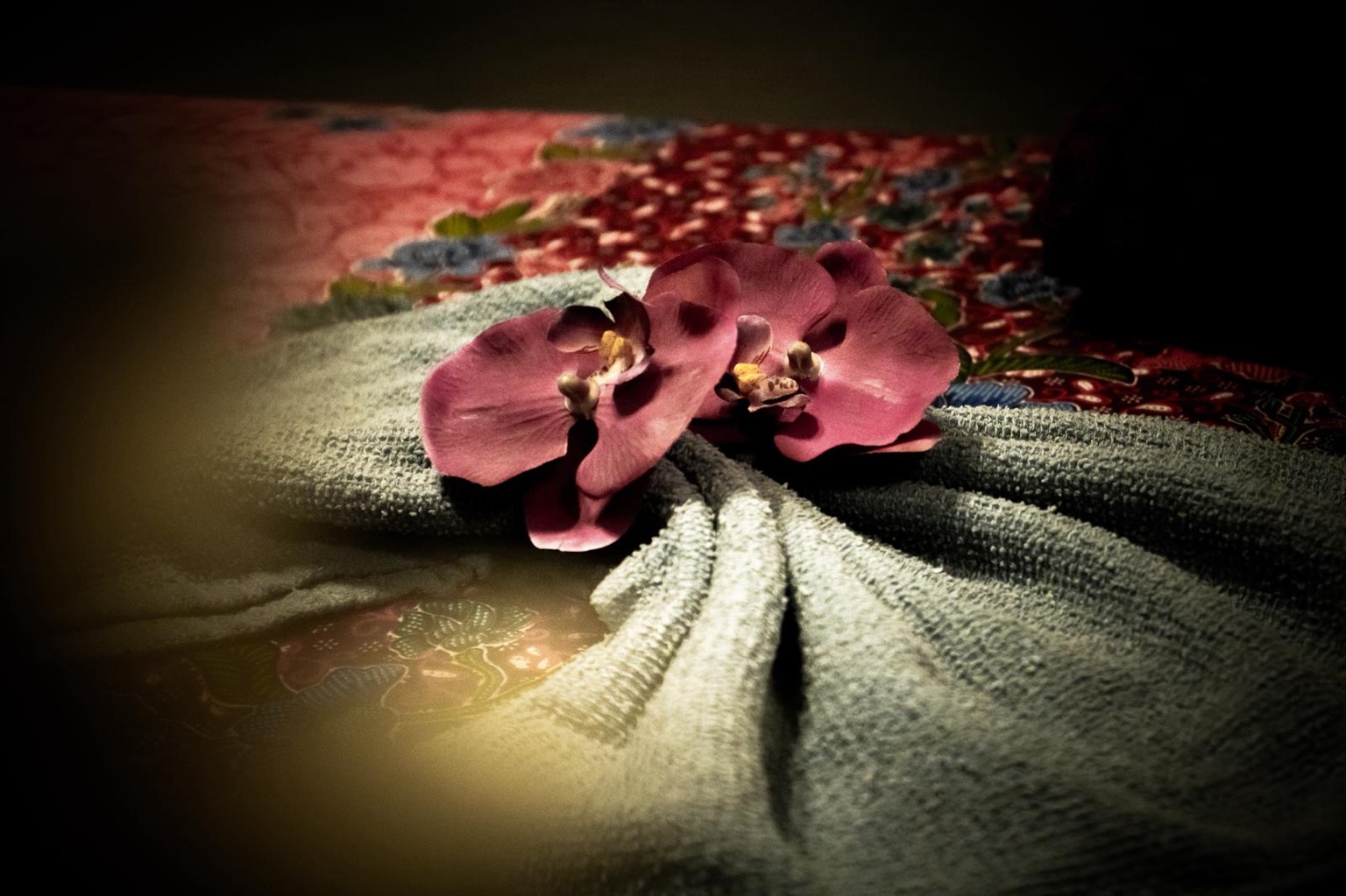 Close-up of orchid flowers on a towel in the treatment room